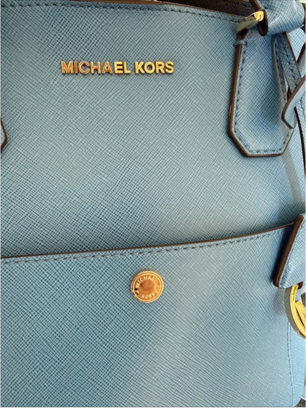 Michael Kors Greenwich Large Saffiano Leather Grab Bag Blue Gold Hardware